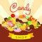 Delicious candy shop concept background, cartoon style