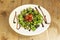 Delicious canned bonito salad with lamb\\\'s lettuce, black olives, sweet corn, cherry tomatoes