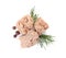 Delicious canned tuna chunks on white background, top view