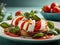 Delicious Caprese salad, Italian dish with fresh tomatoes, mozzarella cheese, and olive oil