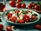Delicious Caprese salad, Italian dish with fresh tomatoes, mozzarella cheese, and olive oil