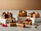 delicious caramel sweets with different fruits and nuts on table, closeup. sweets and desserts illustration