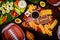 Delicious charcuterie board and veggie with dipping for american football game