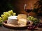 A delicious cheese and grape plate with a glass of wine