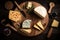 Delicious cheese platter with a large selection of cheeses. A sumptuous treat in a vintage setting