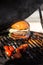 Delicious cheeseburger with tomatoes cooking on hot flaming grill. Barbecue. Restaurant