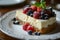 Delicious cheesecake with berries on plate on table, close up