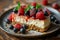 Delicious cheesecake with berries on plate on wooden background