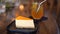 Delicious cheesecake with a luscious orange layer is displayed in a cozy cafe setting
