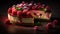 Delicious cheesecake with raspberries and mint on black background
