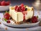 Delicious cheesecake topped with berries, truly irresistible dessert. The creamy cheesecake