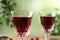 Delicious cherry wine on blurred green background