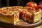 Delicious Chicago deep-dish pizza with Italian sausage beef rich tomato sauce peppers and melting cheese with cut out slice.