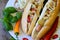 Delicious Chicago style hot dog on wooden background