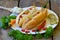 Delicious Chicago style hot dog on wooden background