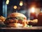 Delicious chicken burger with sesame seeds, onion, cheese, salad and tomato. French fries in the background.