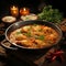 Delicious chicken curry simmering in a rustic wooden cooking vessel