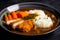 Delicious chicken katsu curry with rice and vegetables in a deep dish