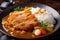 Delicious chicken katsu curry with rice and vegetables in a deep dish