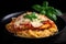 Delicious Chicken Parmesan with spaghetti marinara on a black plate, garnished with fresh basil and lemon wedges