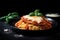 Delicious Chicken Parmesan with spaghetti marinara on a black plate, garnished with fresh basil and lemon wedges