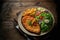 Delicious chicken schnitzel with salad, chips and dip