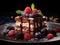 Delicious chocolate brownie dessert with cream and fruits