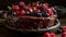 A delicious chocolate cake with a thick layer of ganache and fresh berries on top created with Generative AI