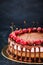 Delicious chocolate and cherry cheesecake dessert decorated with