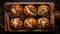 Delicious Chocolate Chip Muffins On Wooden Platter - Top View