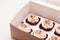 Delicious chocolate cupcakes with cream in an open gift box on a white background partial photo