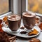 Delicious chocolate milk or hot cocoa on the windowsill. Fall leaves for decoration. Autumn season