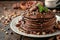 Delicious chocolate pancakes decorated with nuts