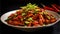 Delicious Chongqing Spicy Chicken, fiery Sichuan dish, food photography