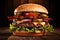 Delicious Classic Burger with Fresh Ingredients on Rustic Wooden Tray and Dark Background