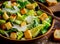 Delicious classic Caesar salad with romaine lettuce crispy croutons shaved Parmesan cheese and dressing in a wood bowl
