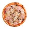 Delicious classic italian pizza with ham, onion, mushroom and cheese
