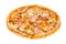 Delicious classic italian pizza with ham, sausages, corn, cucumbers and cheese