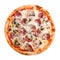 Delicious classic italian pizza with ham, sausages, mushrooms and cheese