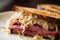 Delicious close-up of a classic Reuben sandwich with corned beef, sauerkraut, Swiss cheese,