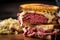 Delicious close-up of a classic Reuben sandwich with corned beef, sauerkraut, Swiss cheese,