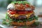 Delicious Close-Up of a Juicy Cheeseburger with Fresh Vegetables and Sesame Seed Bun