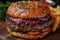 Delicious Close-Up of a Juicy Cheeseburger with Fresh Vegetables and Sesame Seed Bun