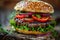 Delicious Close-Up of a Juicy Cheeseburger with Fresh Vegetables and Sesame Seed Bun