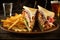 Delicious club sandwich with french fries at a diner