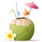 Delicious cocktail in coconut. Umbrella, tubule, plumeria, coconut. summer beach illustration for stickers