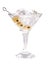 Delicious cocktail with olives and ice cubes in martini glass on a white background.