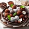 Delicious coconut chocolate truffles on plate ai generated