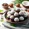Delicious coconut chocolate truffles on plate ai generated