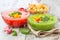 Delicious cold red and green gazpacho soup